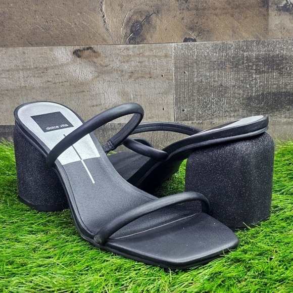 New Dolce Vita Block Heel Sandals Strappy Slide Black Glitter 8.5 - Picture 1 of 9